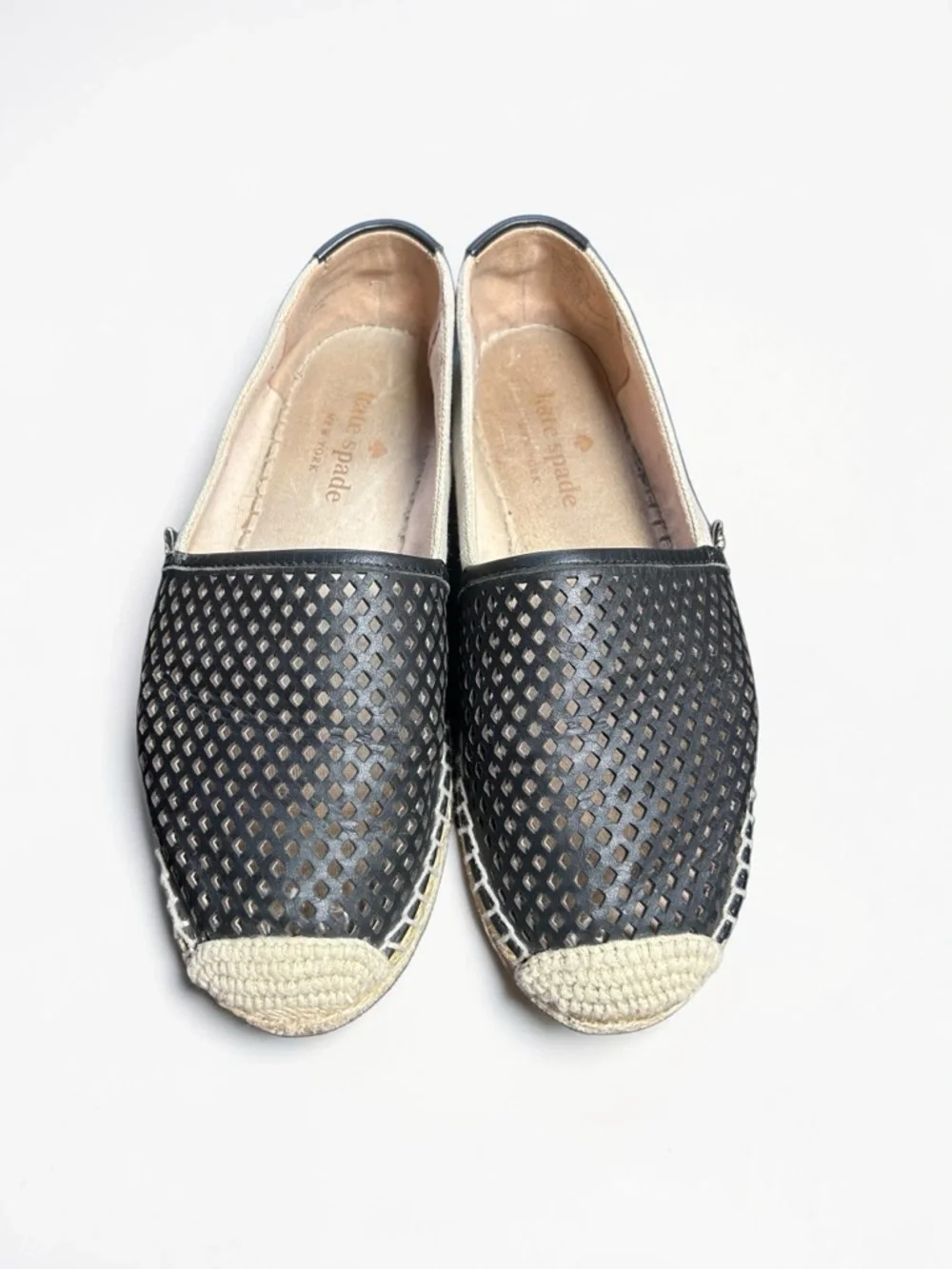 Kate Spade Greer Espadrilles 6.5 Black Perforated Leather Parchment Slip‎ On